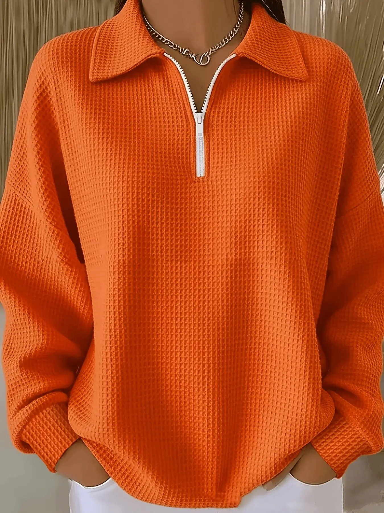 Autumn American Lazy Style Turn-Down Collar Waffle Texture Zipper Pullover Sweatshirt, Cozy Fall Fashion Top for Men and Women