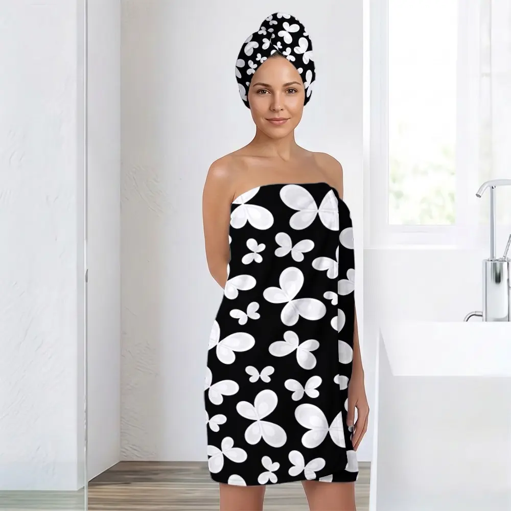 2pcs Butterfly Print Bath Towel Set, Adjustable Buckle Design, Ultra-Fiber Absorbent, Ideal for Sauna, Spa, Home, Gym, Beach, Travel, Towel Sets For Bathroom