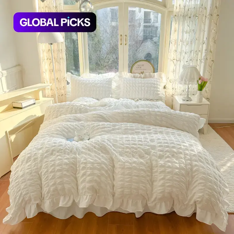 3pcs seersucker plaid bedding ruffles duvet cover, Ruffled duvet cover, and pillowcase (excluding core) with zipper easy care, machine washable, suitable for all seasons Duvet Cover Set Bedding Sets