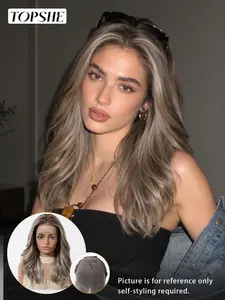 Topshe 13x6 Ash Brown Silver Highlight Wavy Lace Front Wig, Lace Glueless Wigs, Natural Glueless Side Part Wig for Daily, Dating & Office