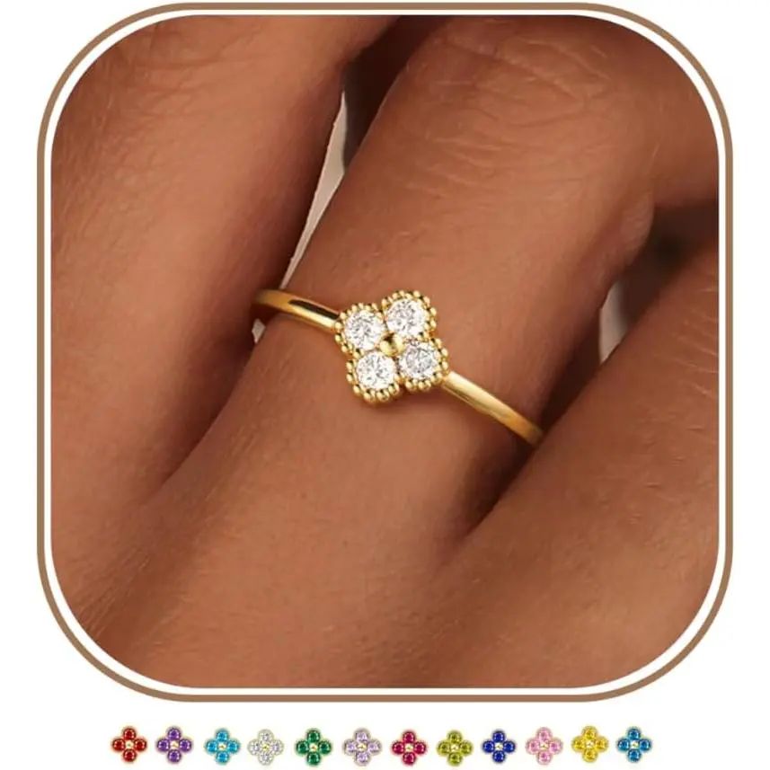 Clover Birthstone Gold Rings for Women Non Tarnish 14K Gold Plated Stackable Thumb Ring Dainty Clover CZ Gemstone Emerald Engagement Rings Wedding Band Jewelry for Birthday Gifts Size 6-10