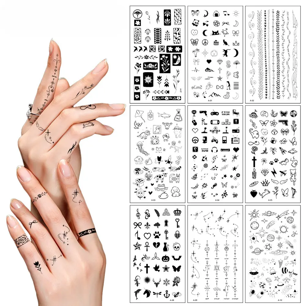 10 Sheets Tiny Finger Temporary Tattoo Stickers, Minimalist Letter Floral Butterfly Fake Tattoo Designs, Elegant Aesthetic Body Art for Women & Girls