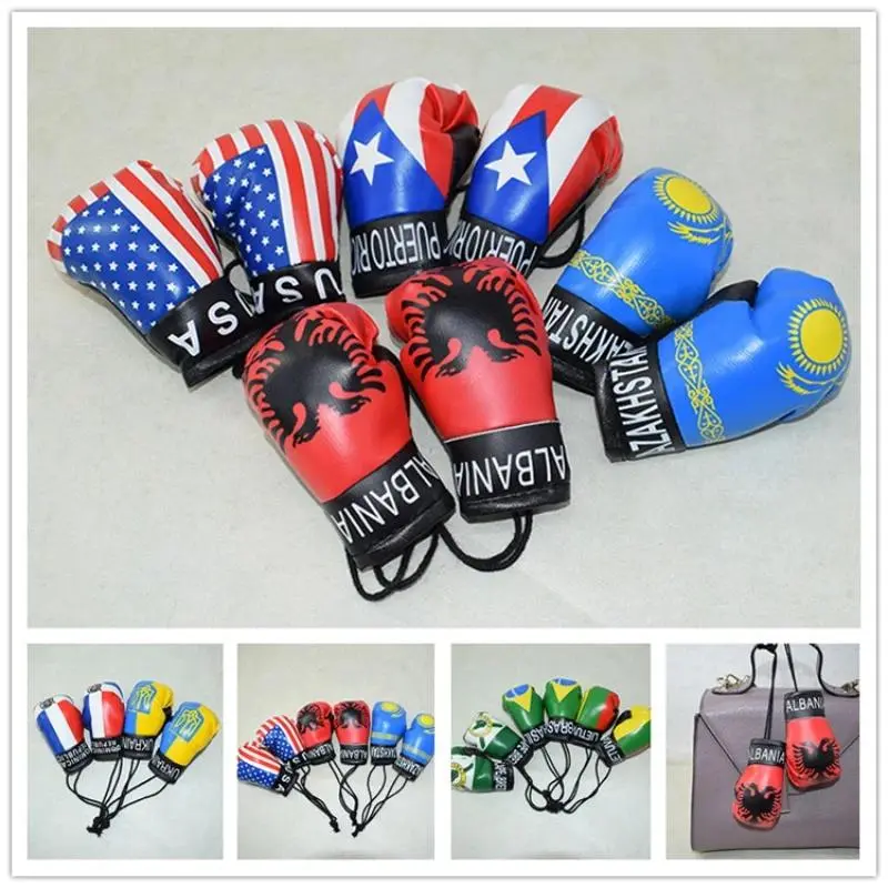 1 Pair National Flag Mini Boxing Gloves Car Rearview Mirror Hanging Ornament | Aesthetic 4 Inch PU Leather Sporty Keychain, Auto Decor & Sports Gift