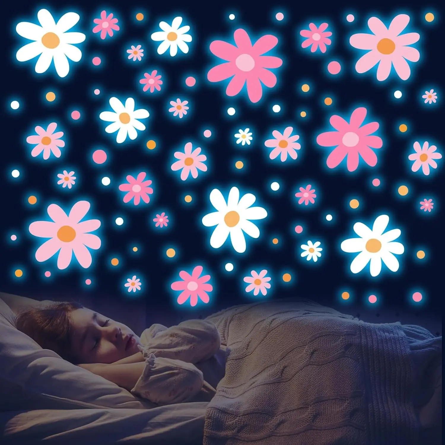 Glow-in-the-Dark Large Daisy Wall Decals Set - Waterproof Decorative Removable Self-Adhesive Pink White Flower Stickers for Girls Bedroom, Living Room Decor (Gift Option for Kids Baby Nursery)
