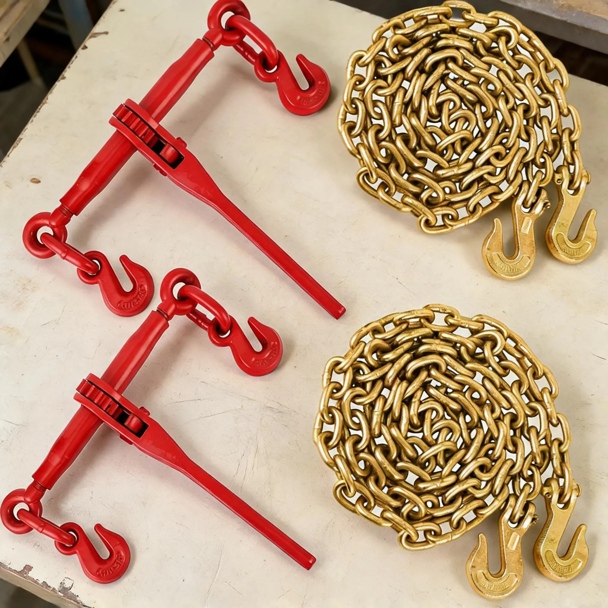 Garvee Grade 70/80 Ratchet Chain Binder Set - 12,000 lb WLL Load Binders w/ 10 ft Tie Down Chains & Hooks - Heavy-Duty Cargo Securing for Truck Trailer Flatbed Towing & Hauling - 2 Pack
