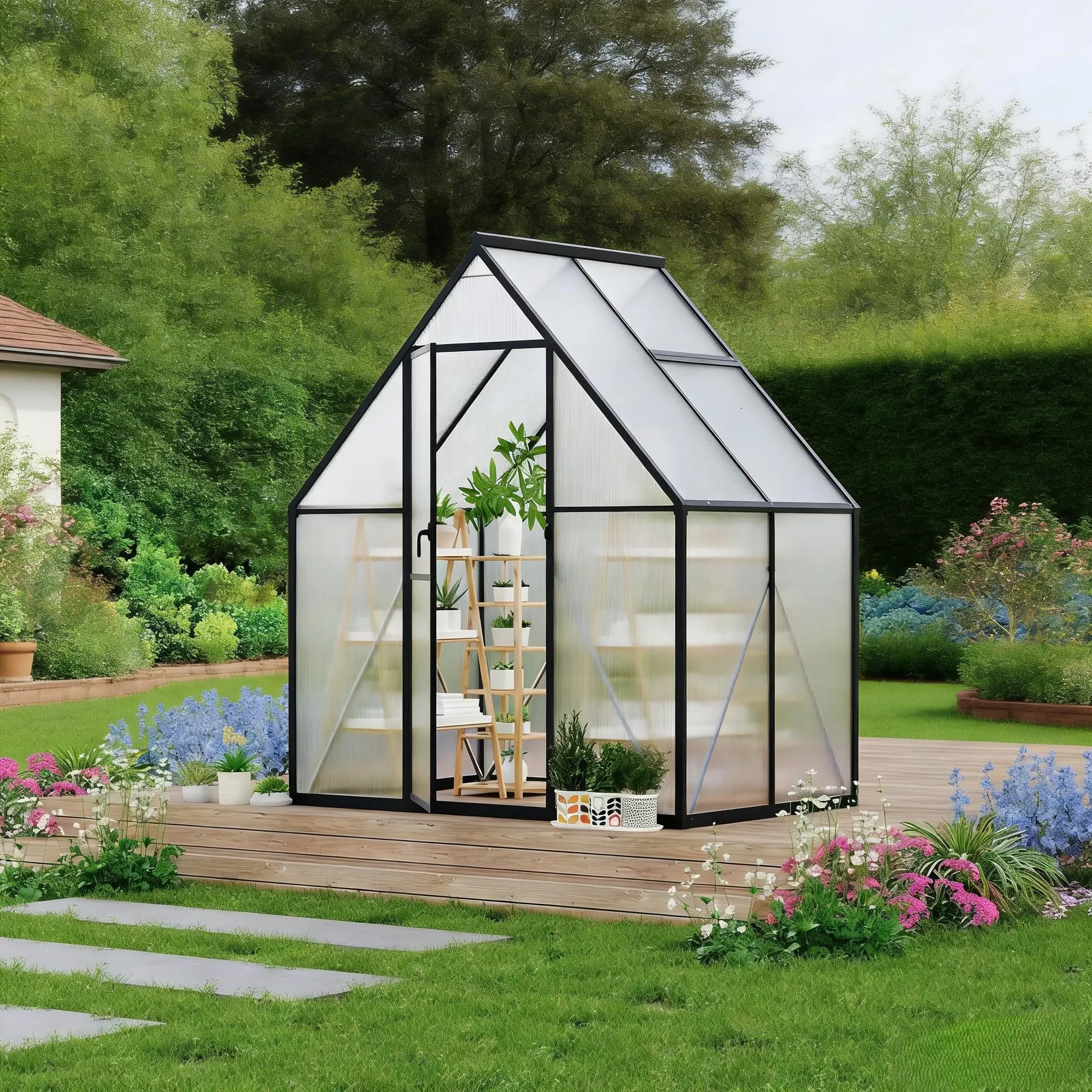 Garvee 6x4 FT Greenhouse, Walk in Green Houses for Outside and Garden Planting, Polycarbonate Greenhouse with Aluminum Frame, Lockable Door and Ajustable Roof Vent for Backyard, Patio
