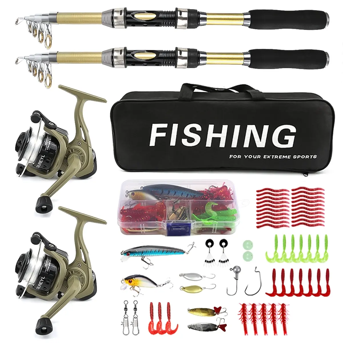 2pcs Fishing Rod Set, Telescopic Fishing Rod with Spinning Reel, Complete Lure Kit and Fishing Bag, Fishing Gear, Fishing Equipment, Perfect for Beginner Fishing and Camping Adventures