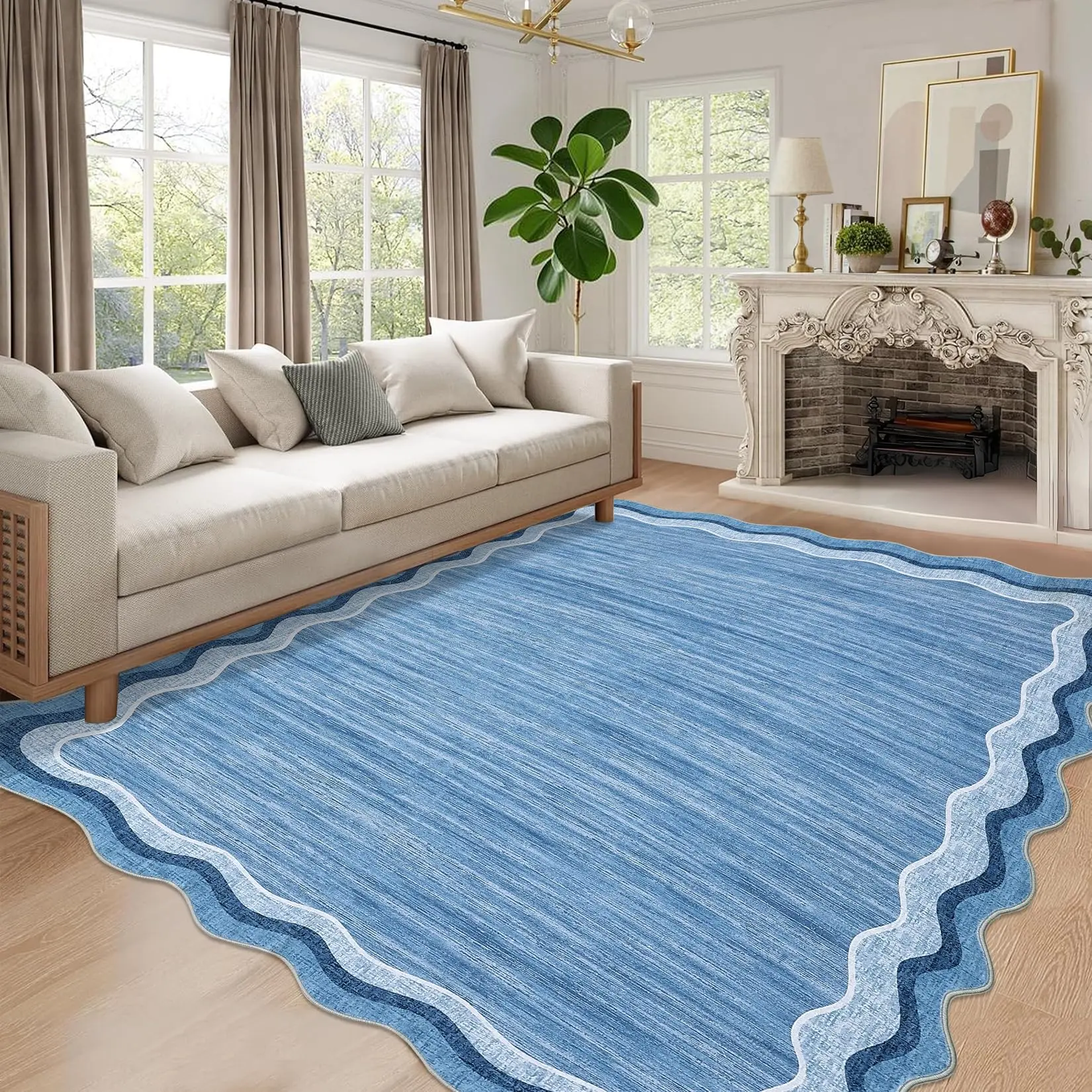 Garvee 8x10 Area Rug for Living Room, Machine Washable, Modern Scalloped Design, Non-Slip, Non-Shedding, Solid Blue Color, Stain Resistant, Low Pile, Bordered Carpet Mat for Bedroom and Nursery