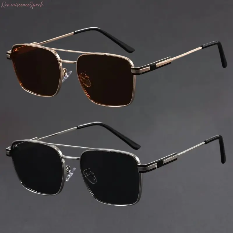 Men’s 2-Pack Double-Bridge Retro Aviator Sunglasses, Casual Full Rim Lightweight Metal Frames, UV400 Anti-Glare Shielding, Gold-Tea+Gold-Blue Tea/Silver-Grey+Gold-Blue Tea Multi-Sports Shades for Driving, Outdoor Activities