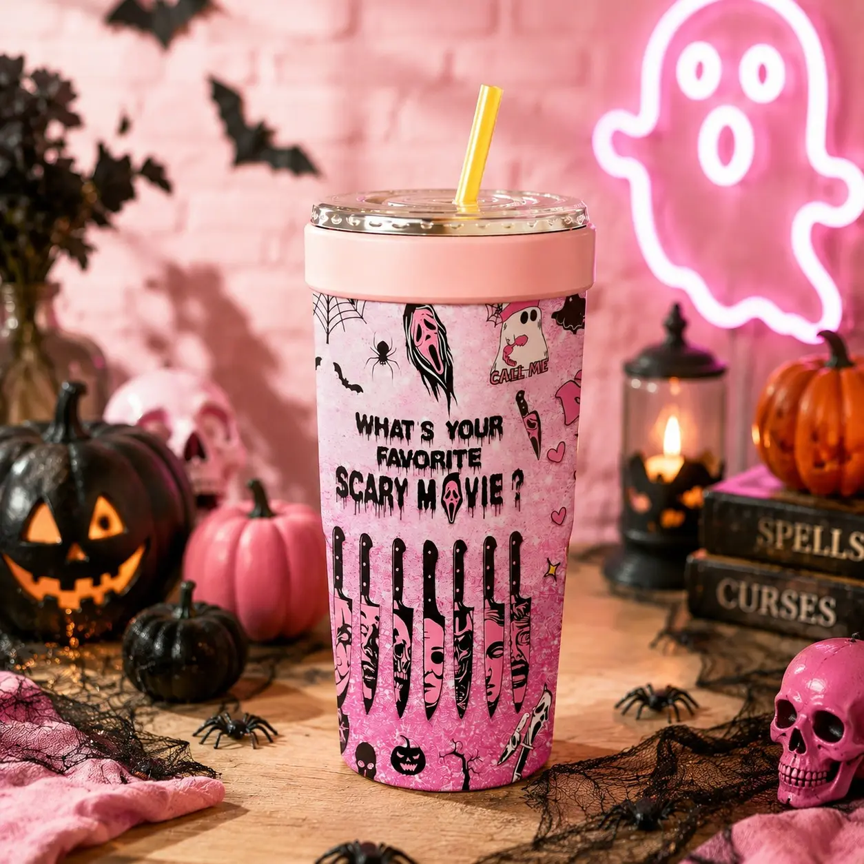 1PC 32oz Pink Scary Movie Print 2-in-1 Insulated Leakproof Tumbler & Iced Coffee Cup Sleeve, Leak-Proof Double Wall Stainless Steel Travel Mug, Cold 12+H & Hot 6+H, Fits 16–32oz To-Go Cups, Halloween Gift for Friends & Family
