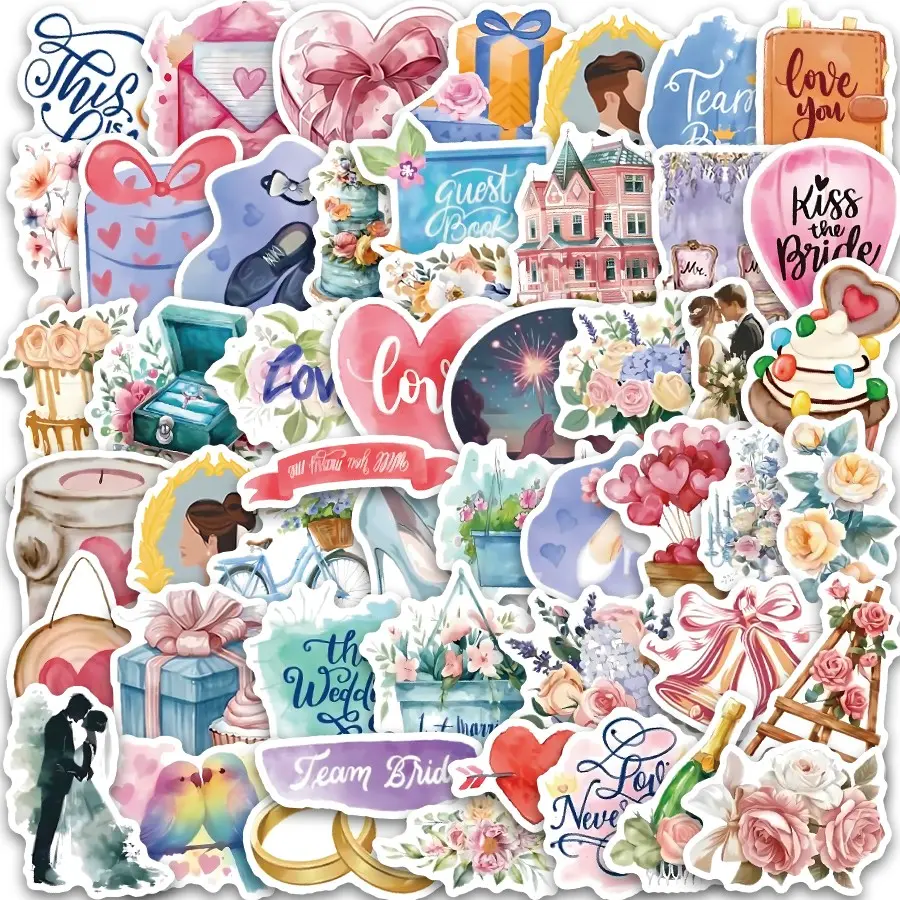 Wedding Scrapbook Stickers, 50 Watercolor Wedding Stickers, Self-Adhesive Waterproof, for Planners, Parties, Laptops, Phones, Bottles, Anniversaries