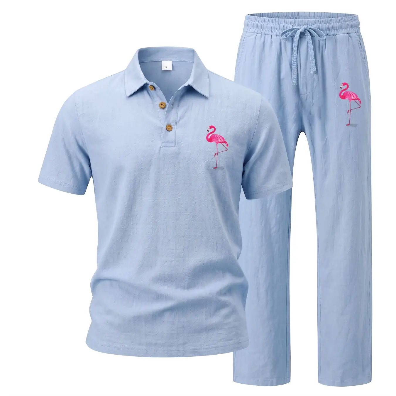 Men’s Linen Blend Two Piece Set, Short Sleeve Polo Shirt and Long Pants Outfit with Flamingo Graphic Detail, Lightweight Breathable Casual Summer Matching Set for Vacation, Beach and Daily Wear