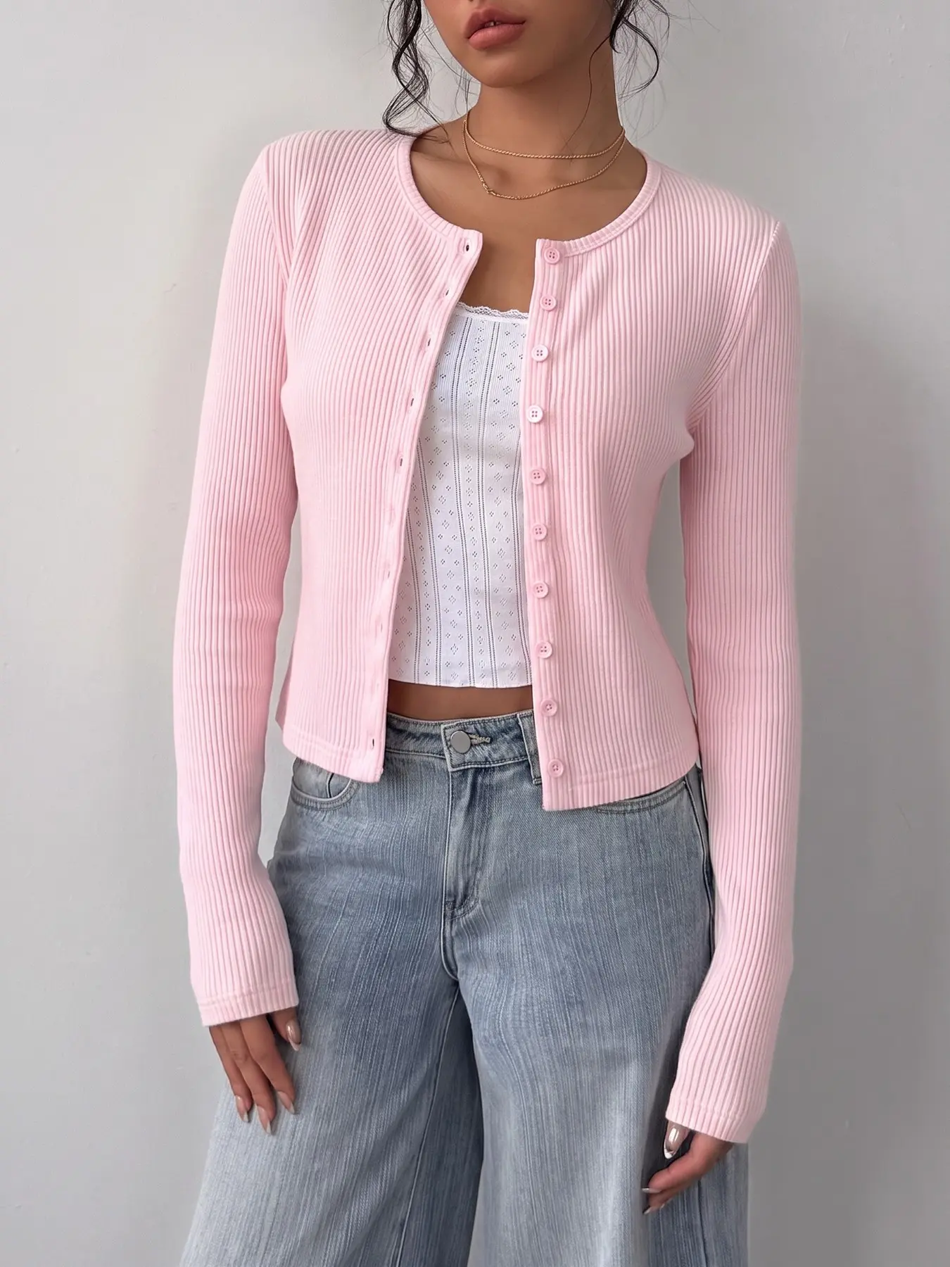 Figure Hugging Crew Neck Button Front Cropped Cardigan, Y2K Aesthetic Daily Street College Office Layering Outerwear Slim Waist Cut Long Sleeve Pastel Pink Outfit Daily Errands Weekend Casual Cardigan Basic