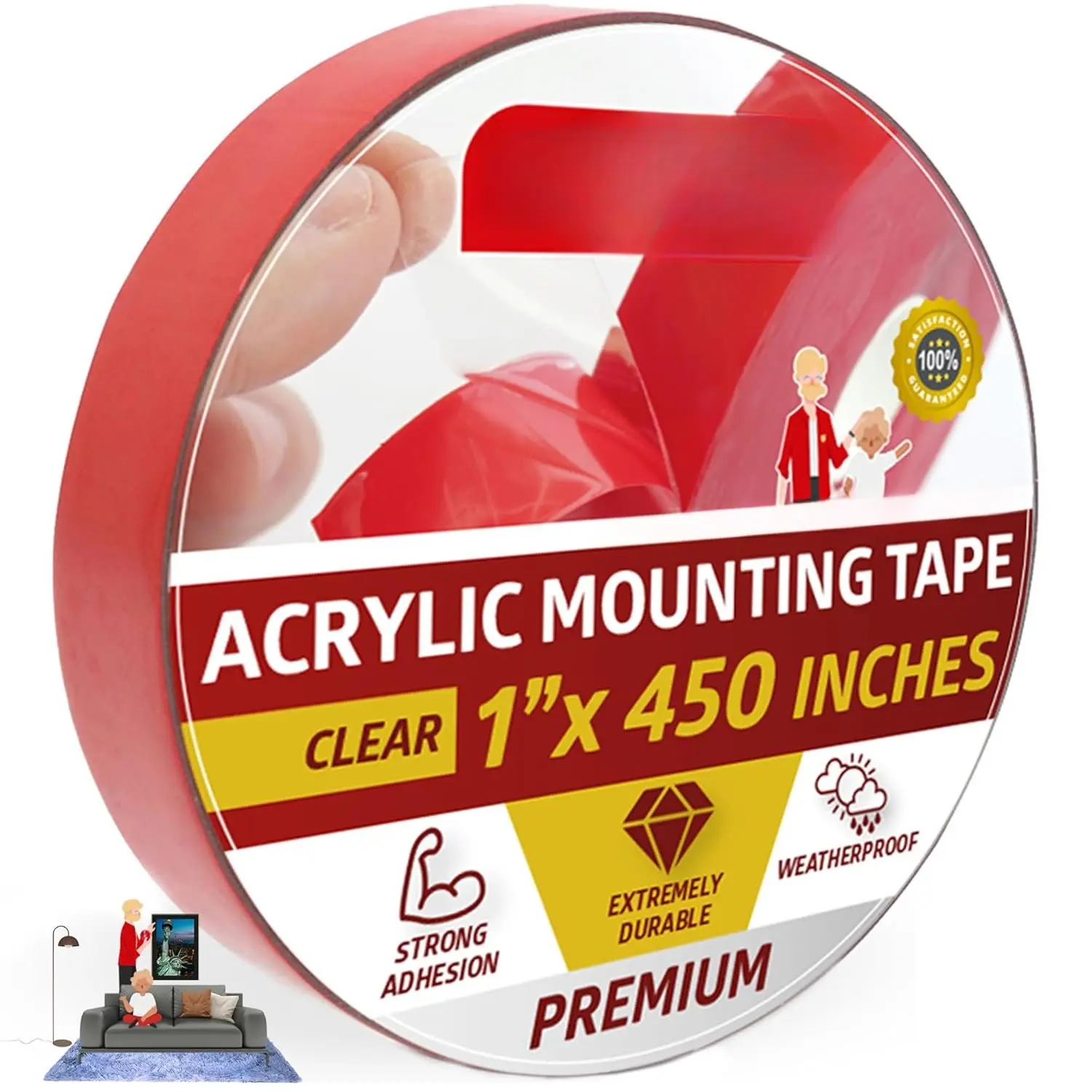 Double Sided  Mounting Tape Removable, Clear, 1-Inch x 450-Inch, Weatherproof Adhesive for Brick, Walls- Indoor and Outdoor Applications