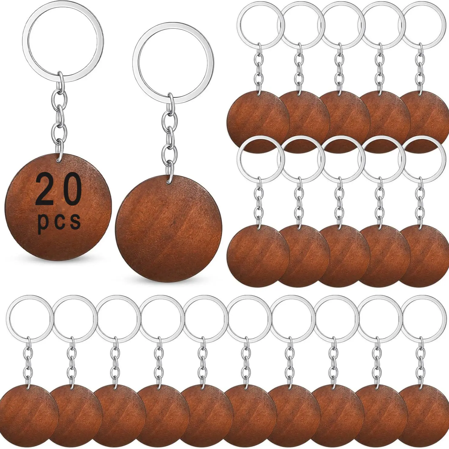 20pcs Wooden Keychain Blank Set, Round Wood Pieces with Key Rings, Craft Supplies, Gift Material, Birthday Present