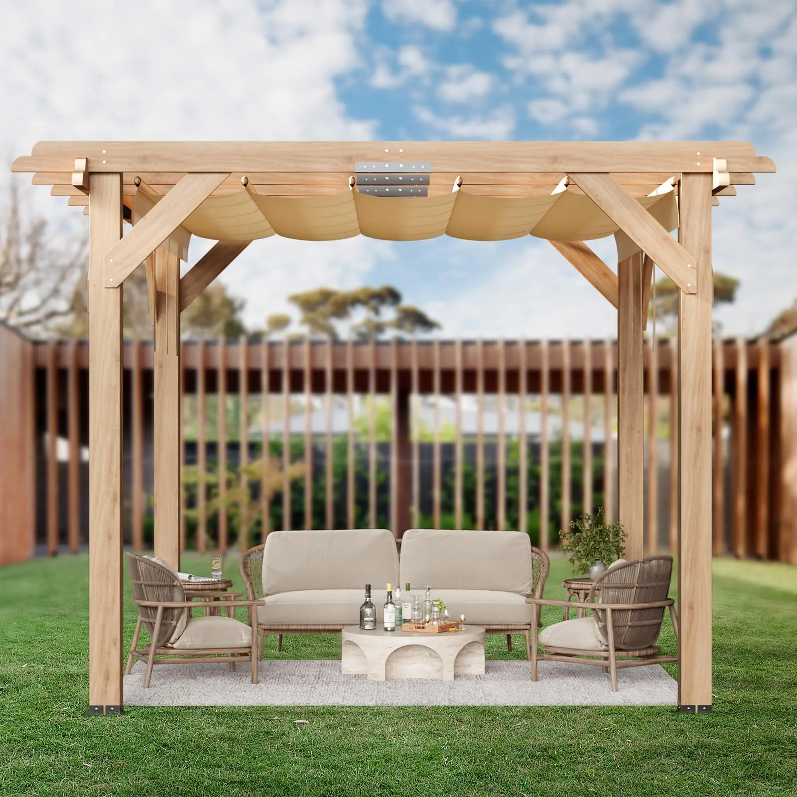 Garvee 10x10 FT Cedar Wood Pergola with Retractable Oxford Fabric Roof, Wooden Outdoor Patio Canopy Gazebo with Shade