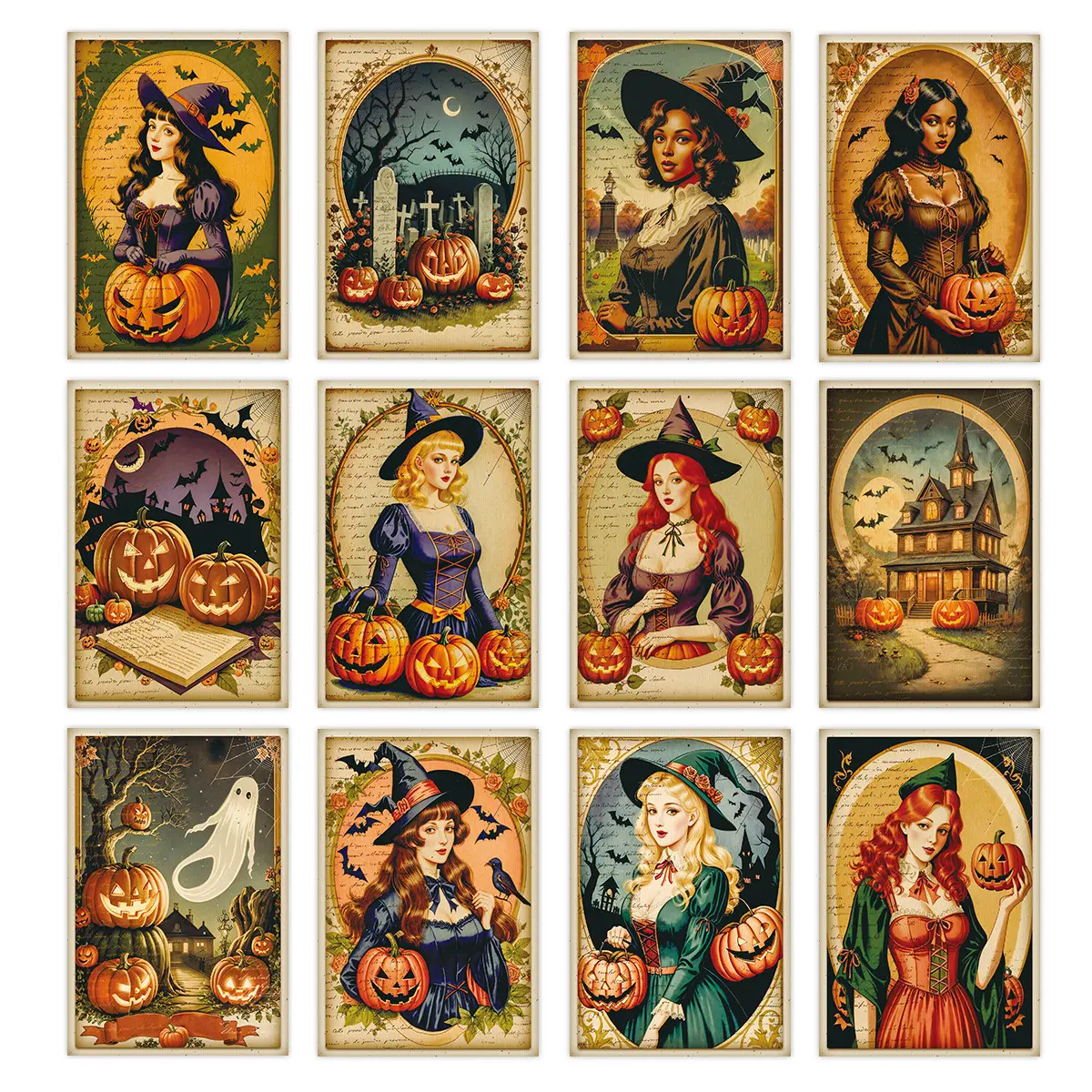 12pcs Vintage Halloween Witch Theme Postcards - Retro Gothic Witch & Pumpkin Aesthetic Pictures Wall Collage Kit for Halloween Party Decor - Halloween Decorative Cards for Holiday Greetings, Crafting & Gifting