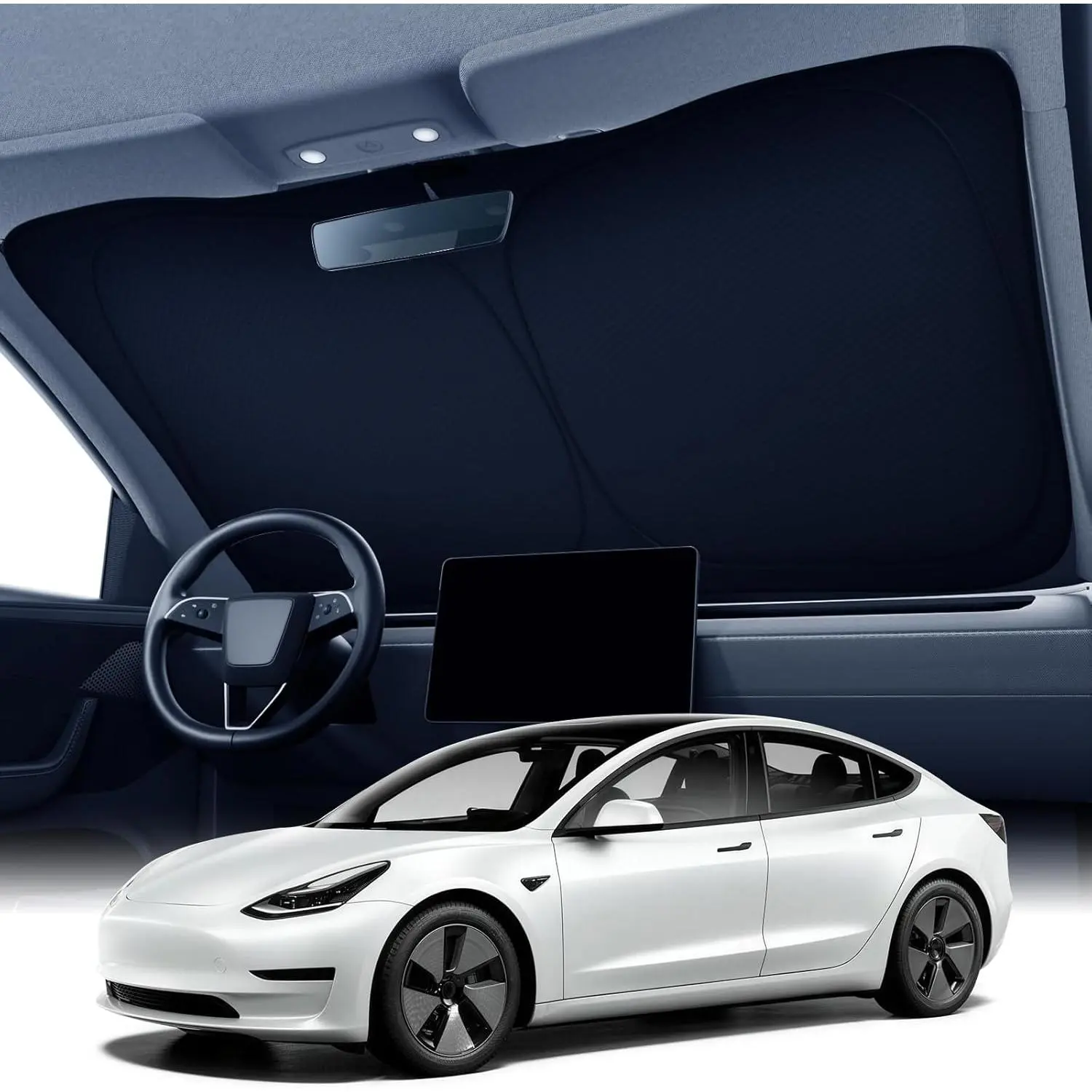 Zanch Custom Windshield Sun Shade for Tesla Model 3 2023-2026, 7-Layer UV & Heat Block, 3D Laser Scanned, Interior Protection, Keep Car Cooler, Foldable Car Accessories