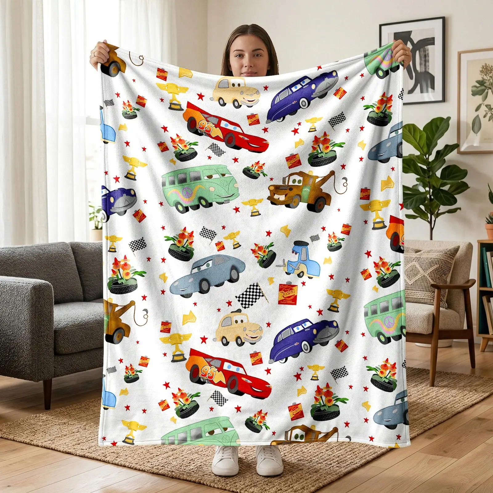1pc Cars Cartoon All Over Print Fleece Blanket, 8 Styles Lightning McQueen & Mater Race Car Seamless Pattern, Checker/Christmas/Watercolor/Red Flame Design Optional. Soft Warm Throw for Sofa, Bed, Office, Camping Trip, Ideal Christmas Gift.