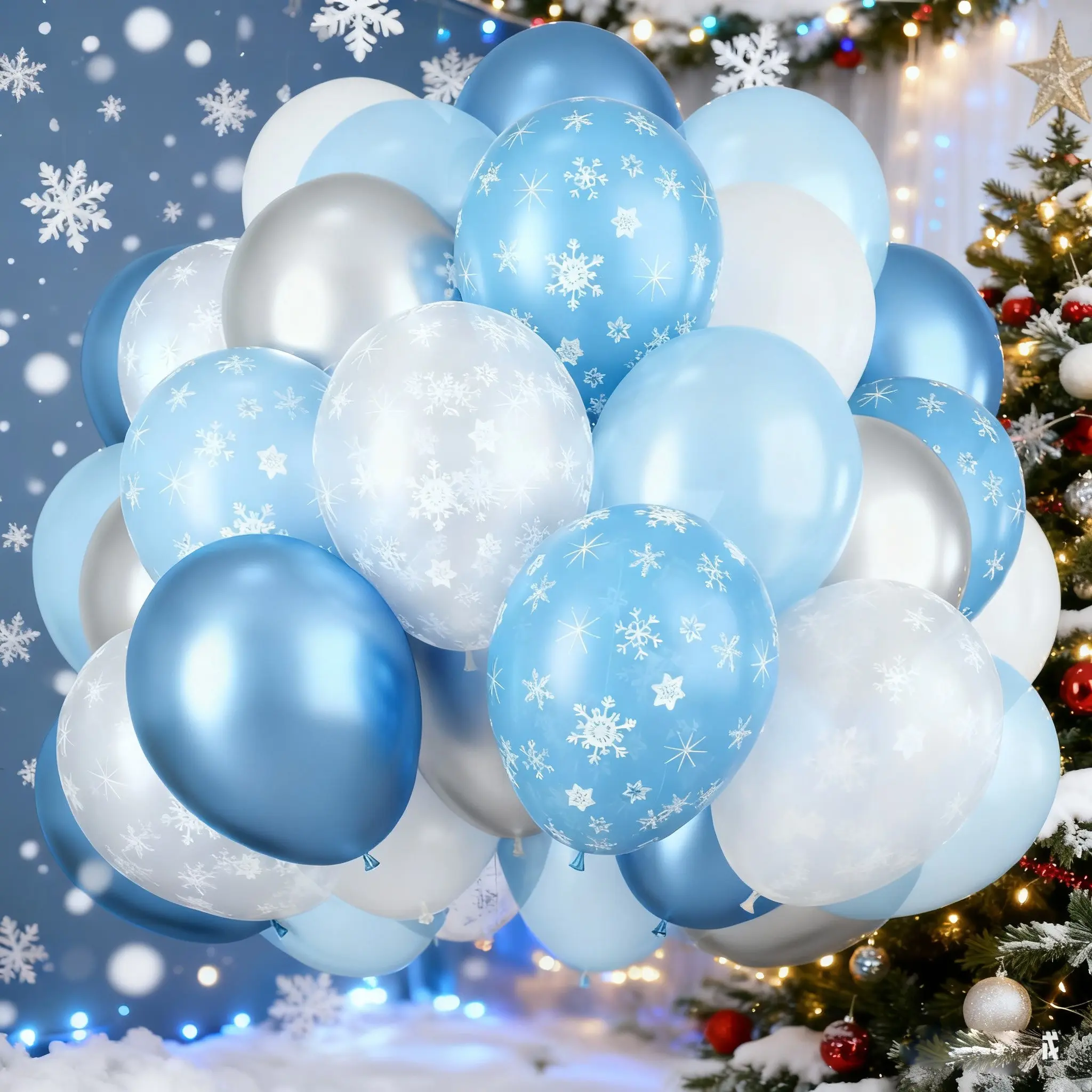 21Pcs Snowflake Party Balloon Set, 12in & 10in Ice Blue White Latex Balloons, Pearl Blue, Metallic Blue & Silver Balloons, Winter Snow Theme Party, Baby Shower, Princess Birthday & Bridal Shower Decor, Backdrop & Photo Booth Props