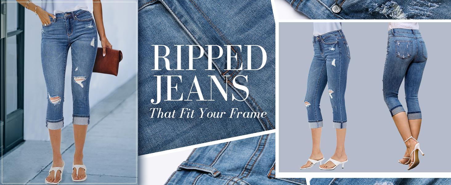 luvamia Women's High Waisted Stretch Capri Jeans, Distressed Ripped Skinny Fit Cropped Denim with 5 Pockets, Pocket, Distressed Ripped Jeans, Bottom, Basic, Cropped Calf-Length Jeans