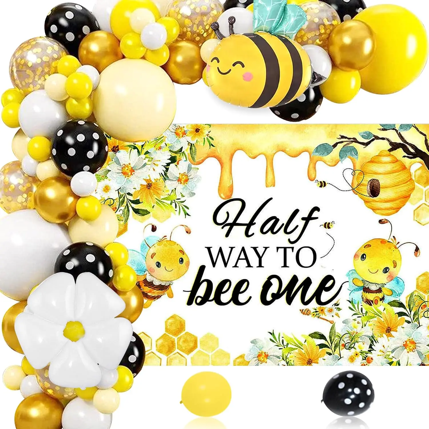 Half Way to Bee One Backdrop Half Birthday Party Decoration Bee Theme Decor | Half Way to Bee One Backdrop Half Birthday Party Decorations Bee Themed 1/ Party Daisy Bumble Bee Balloon Half Way to One