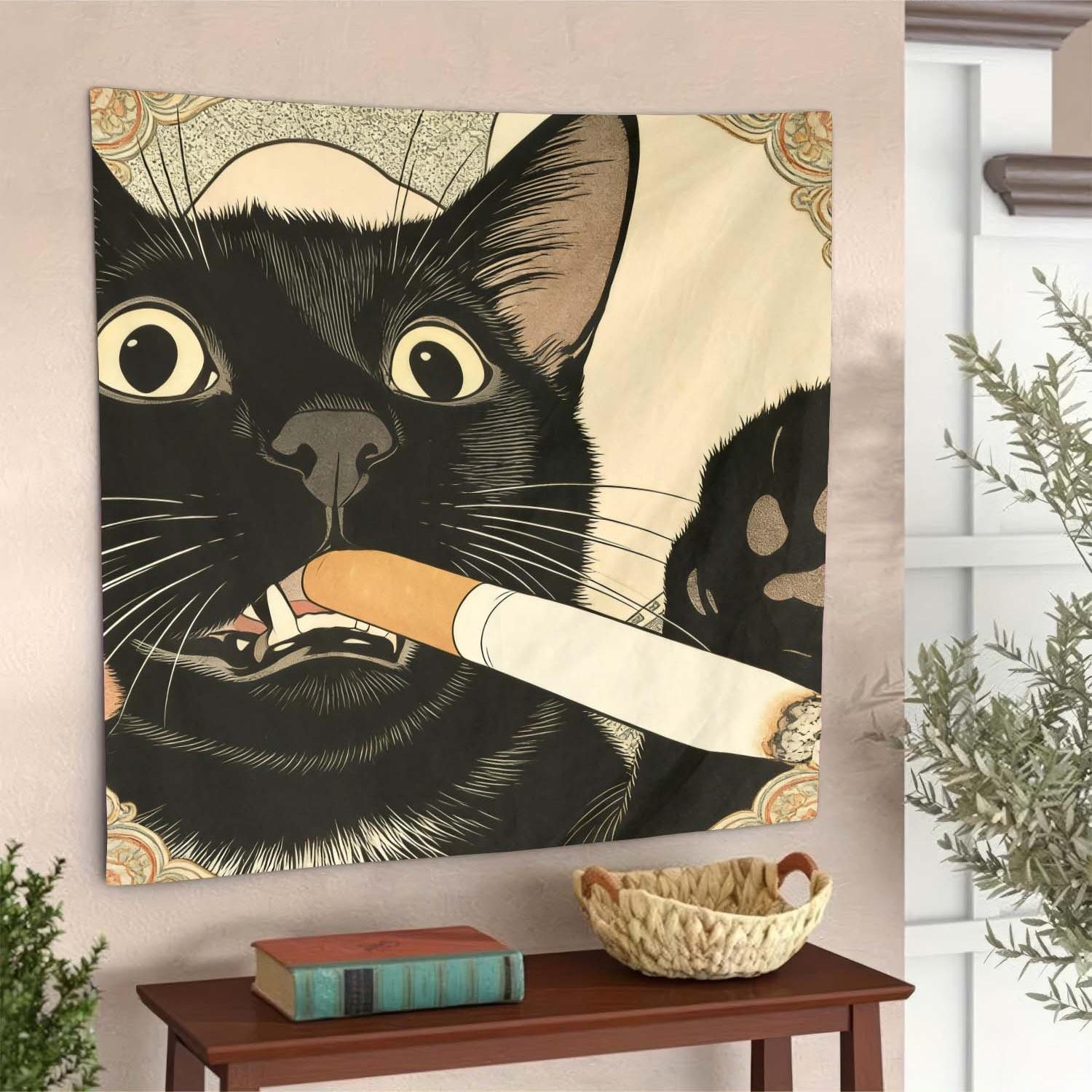Distinctive Cat Tapestry, Humorous Illustration of a Smoking Cat, Large Artistic Wall Hanging, Decorative Background Cloth, Perfect for Living Room or Bedroom, 1 pc