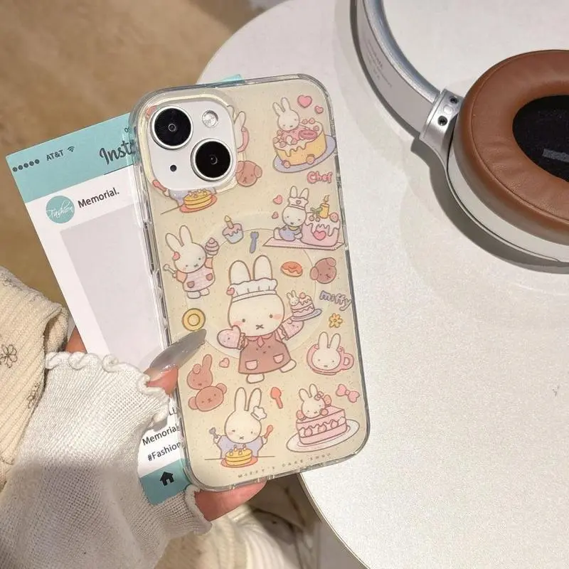 Kawaii Hyperrealism Glam Miffy Rabbit Magnetic TPU Phone Case with Precise Cutout, Anti-Skid, Fall Prevention for Samsung S21-S25/A Series & iPhone 11-17/17E