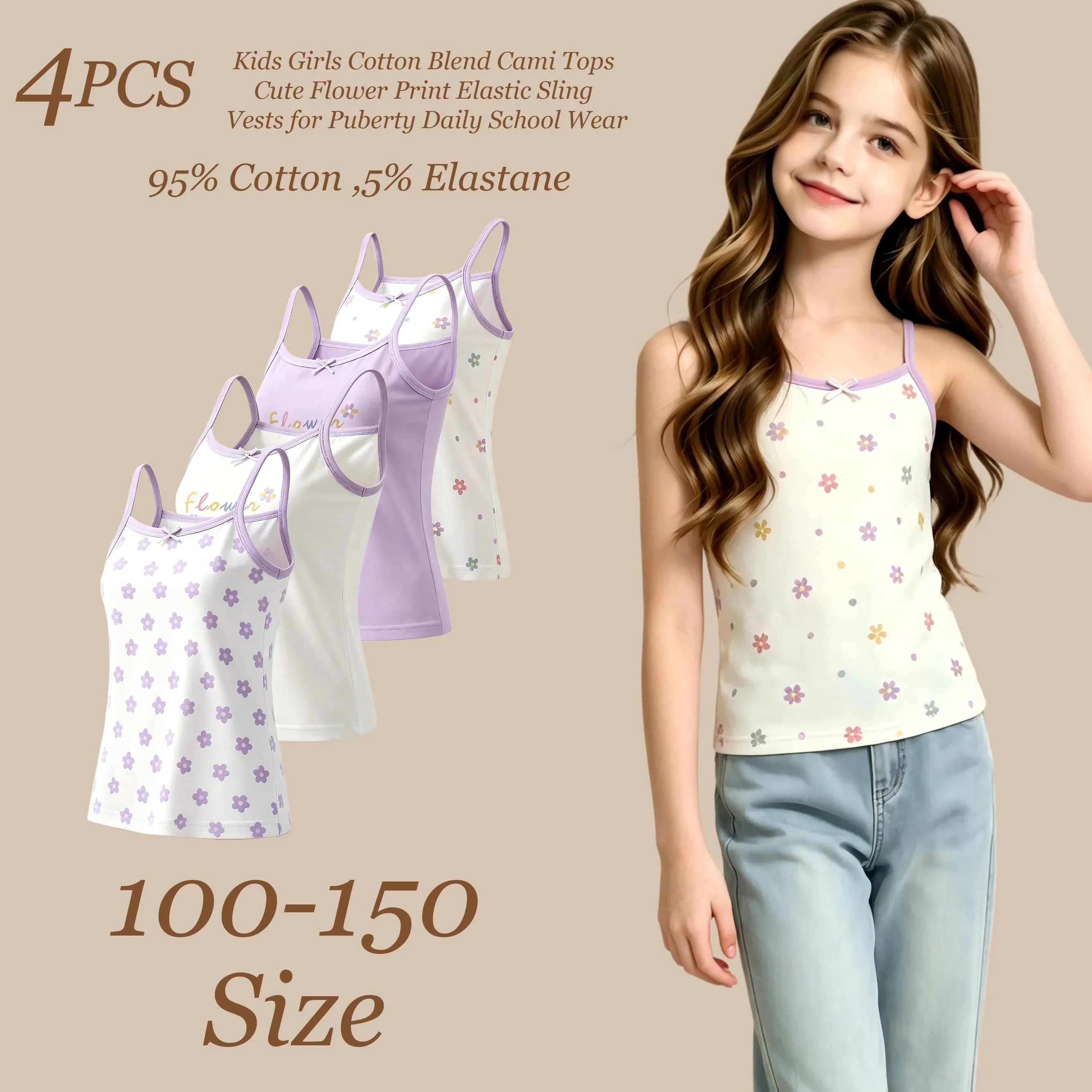 Girls' 4-Pack Cotton Cami Tank Tops - Breathable Soft Undershirts with Floral Print, Bow Detail, CPSIA Label for Daily Use
