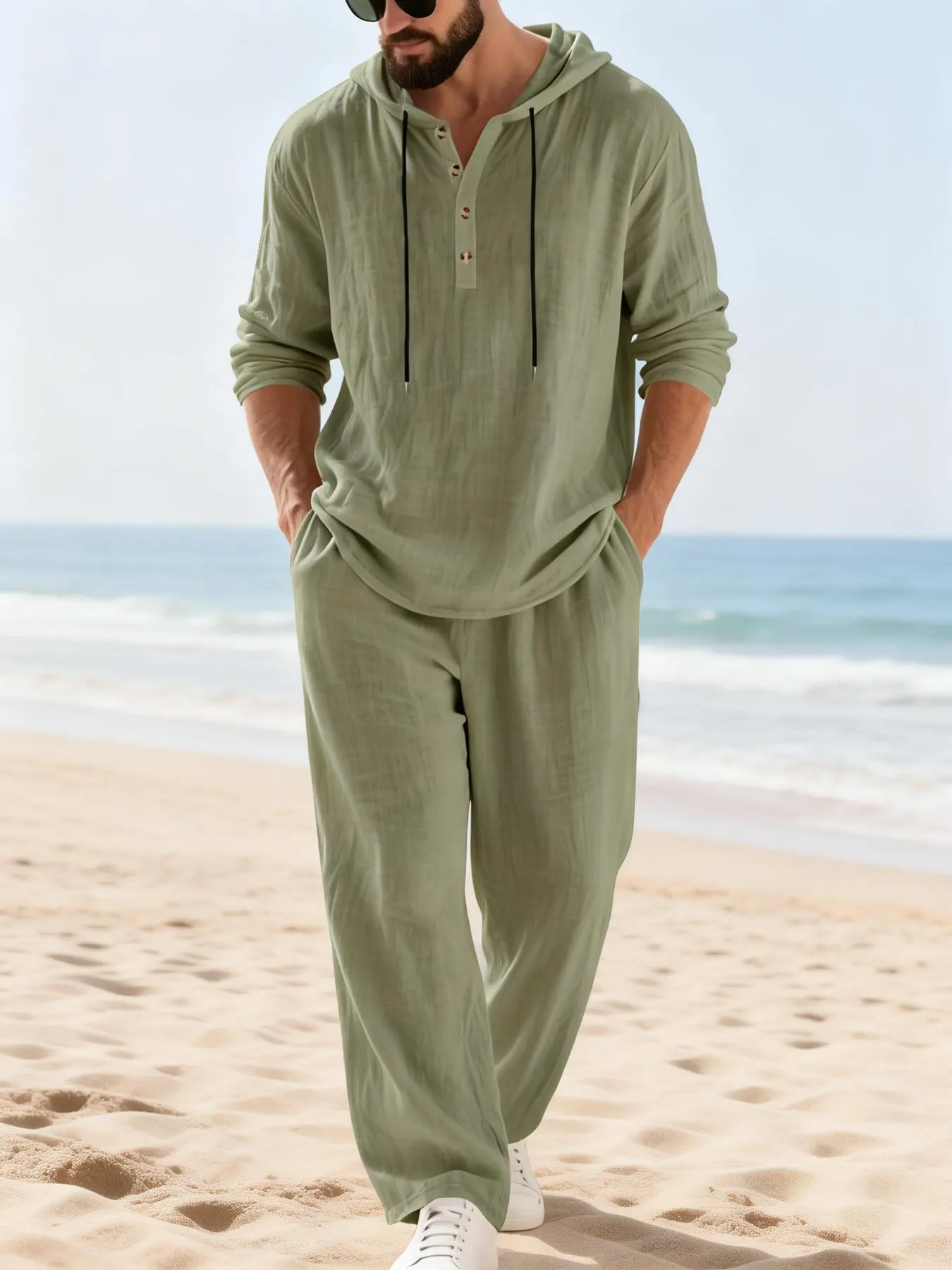 Men's Trendy Linen Hooded Two-Piece Set, Casual Vacation Style, Loose Fit Breathable Fabric, Long Hoodie & Wide-Leg Pants for Spring & Fall Wear