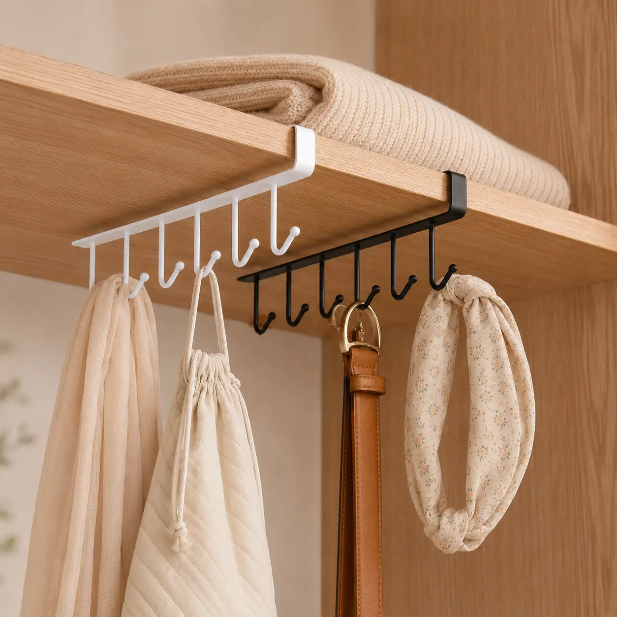 2PCS Under Shelf Hook Rack - Hangable No-Drill Home Organizer with 6 Hooks for Kitchen Cabinet, Office Shelf, Closet, Apartments to Free Up Counter Space, Pantry