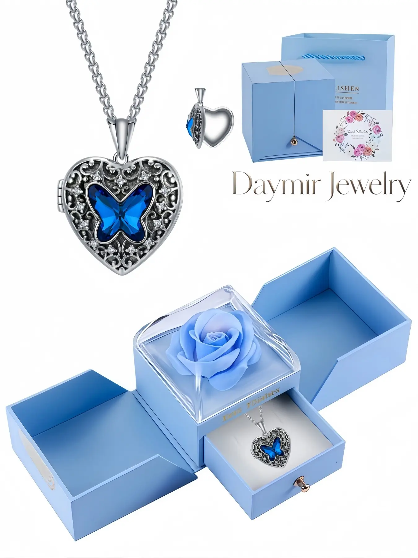 New exclusive blue‑diamond butterfly locket necklace, fashionable fade‑resistant gem‑encrusted keepsake pendant. Paired with surprise double‑opening preserved‑rose jewelry box, perfect gift for date nights, Valentine’s Day and Christmas.