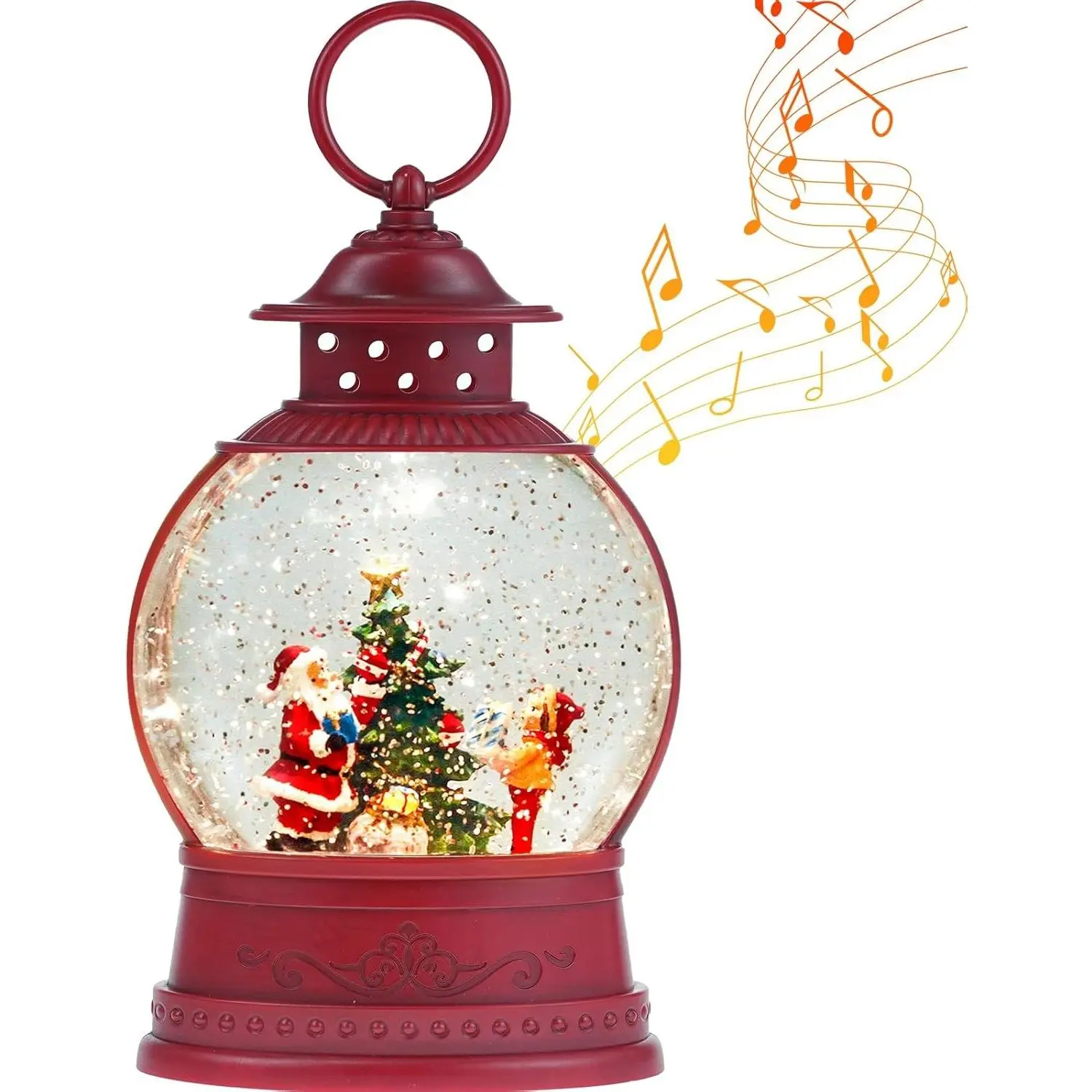 Christmas Santa Lighted Snow Globe Lantern Decor, 6H Musical Timer, Battery & USB Operated, Spinning Swirls Glitter Christmas Decor Gifts