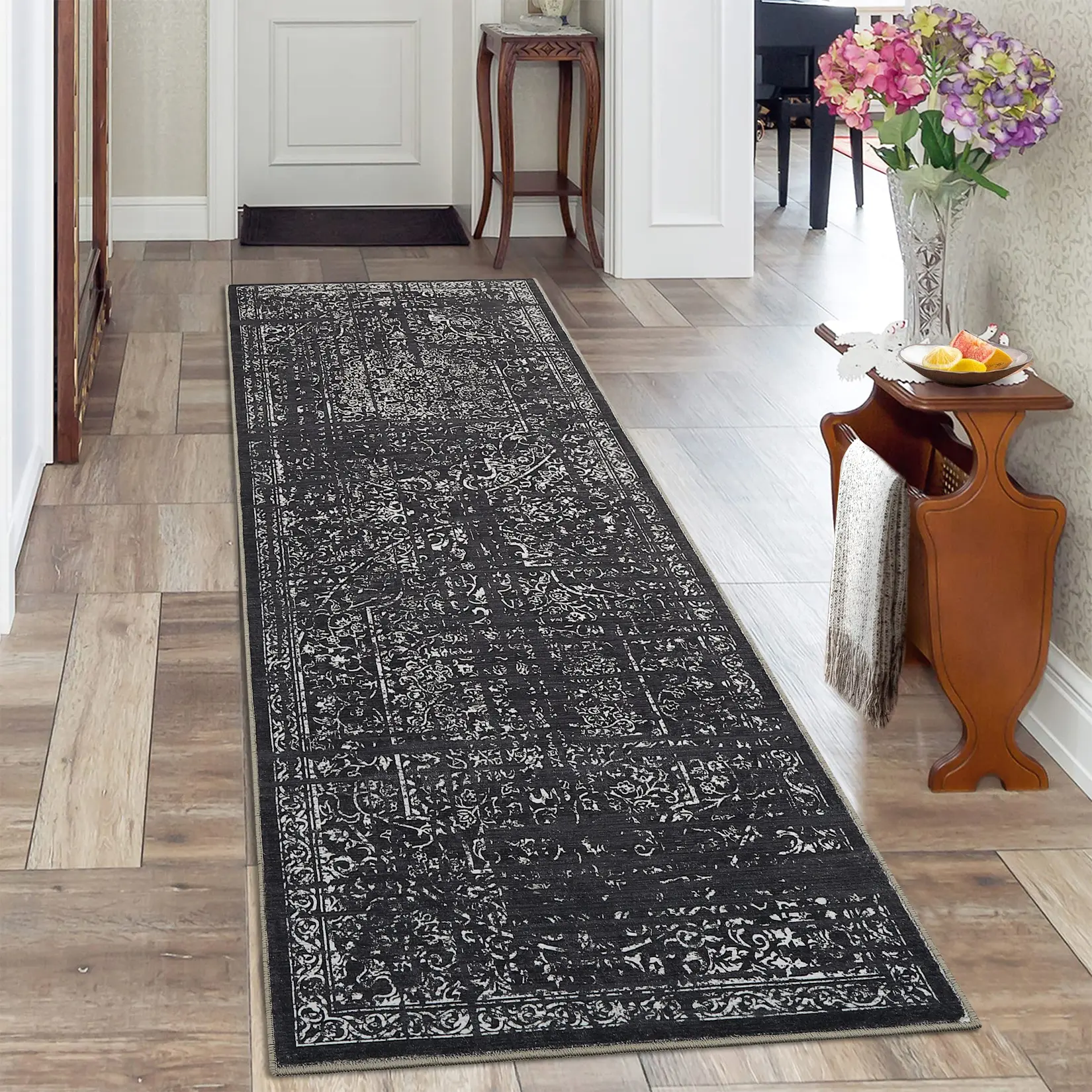 Hallway Runner Rug 2x6 Non Slip Machine Washable Soft Faux Cashmere Modern Geometric Kitchen Runner Carpet for Home Kitchen Bedroom, Black Camel Blue Grey, Multiple Sizes Available 2x6 4x6 5x7 6x9 8x10 9x12 10x13