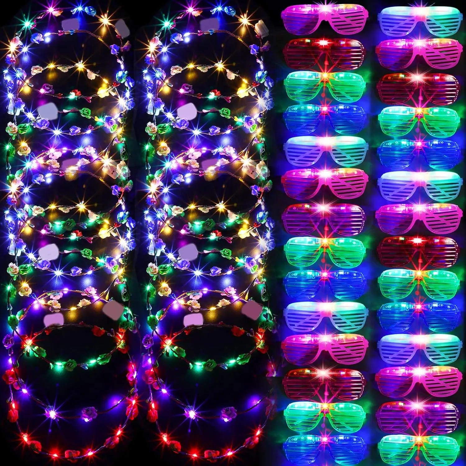 Honoson 48-Pack Glowing Accessories Set - LED Glasses, Plastic Headband Round Crown, Multicolor Neon Party Favors for Adults’ Birthday Events