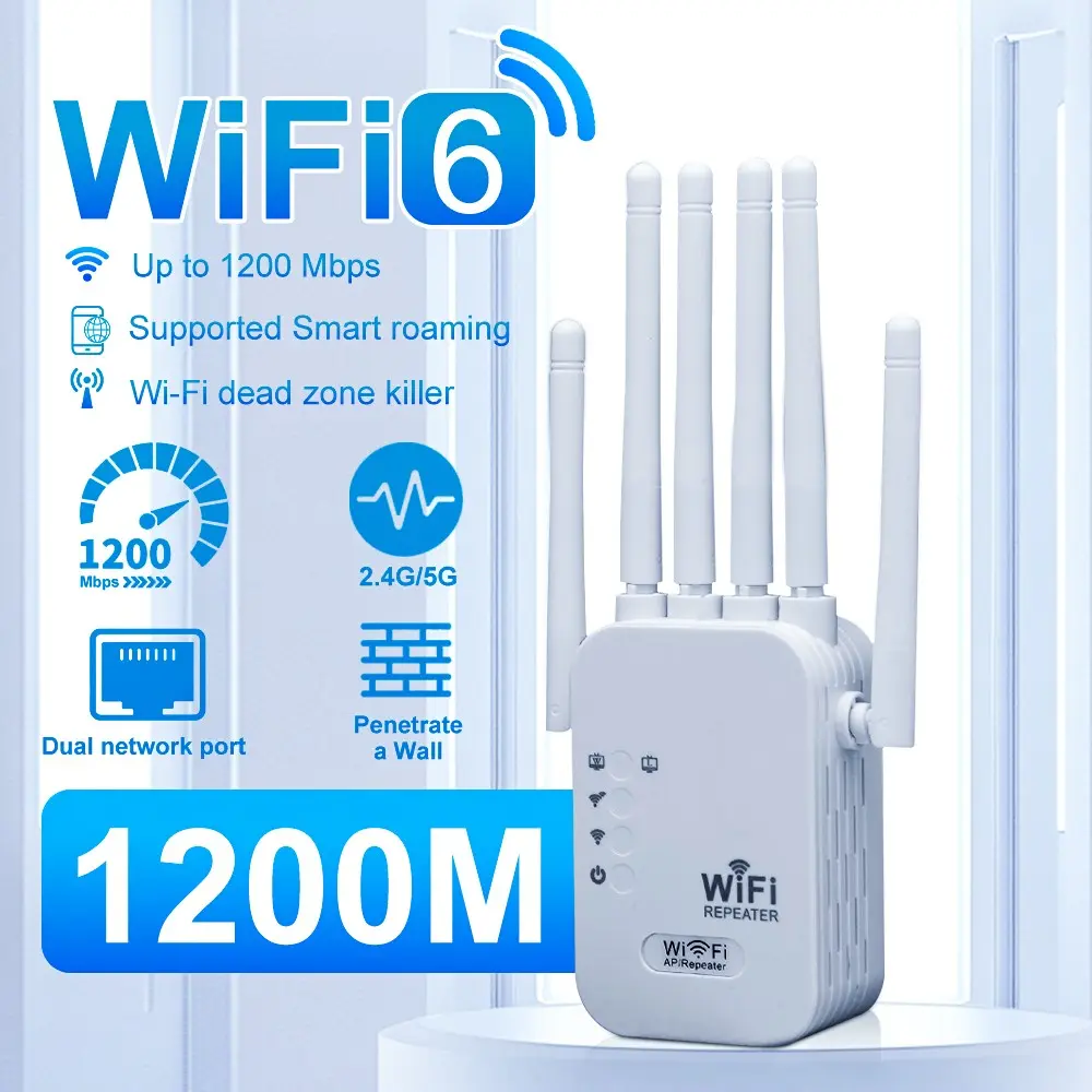 Wi-Fi 6 Signal Booster, 1400mbps Mesh Network Extender, Dual Band 2.4GHz/5GHz, 6 Antennas, Easy Installation, Full Home Coverage