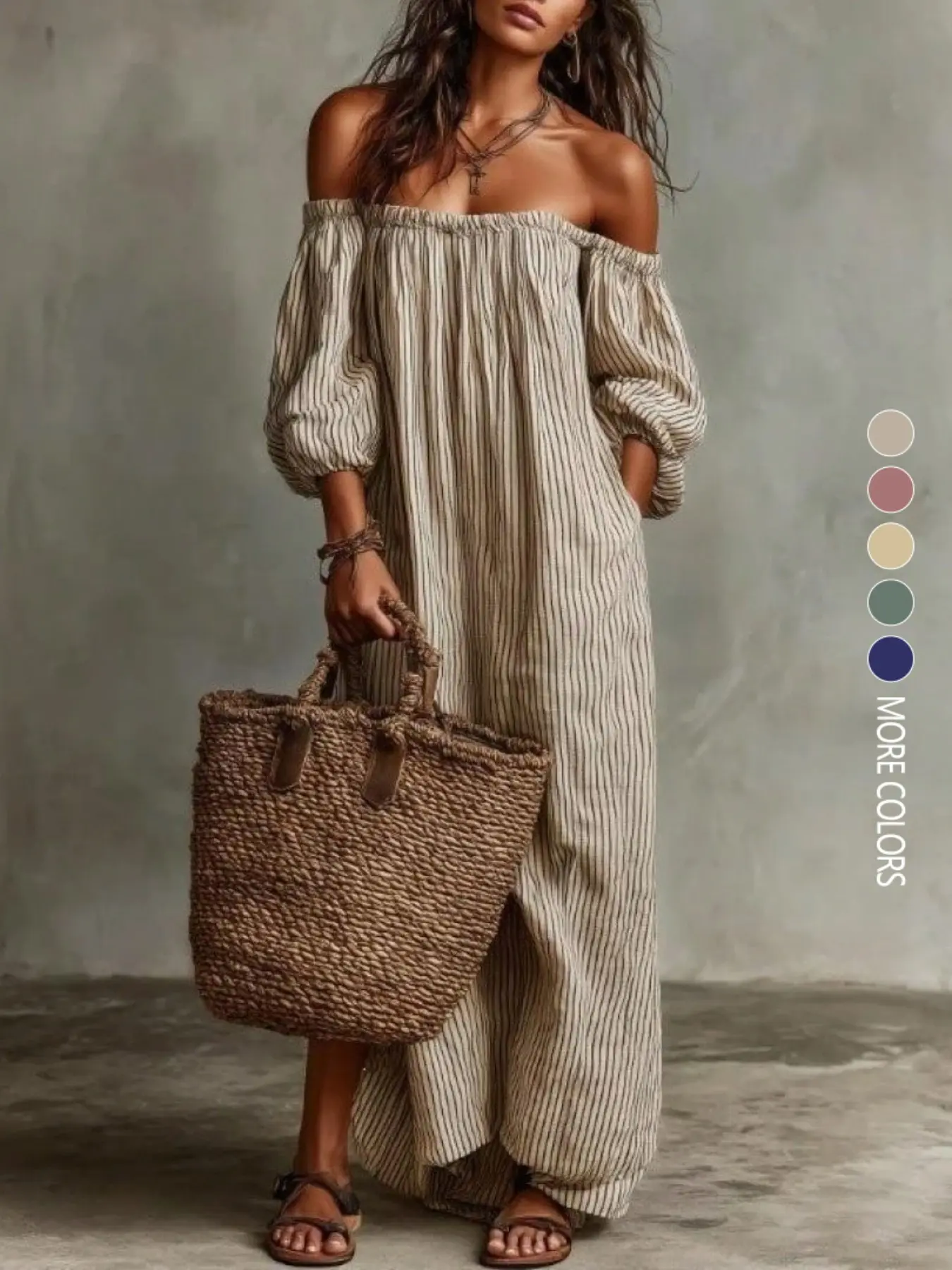 European And American Summer New Elegant Casual Loose Off-Shoulder Striped Dress
