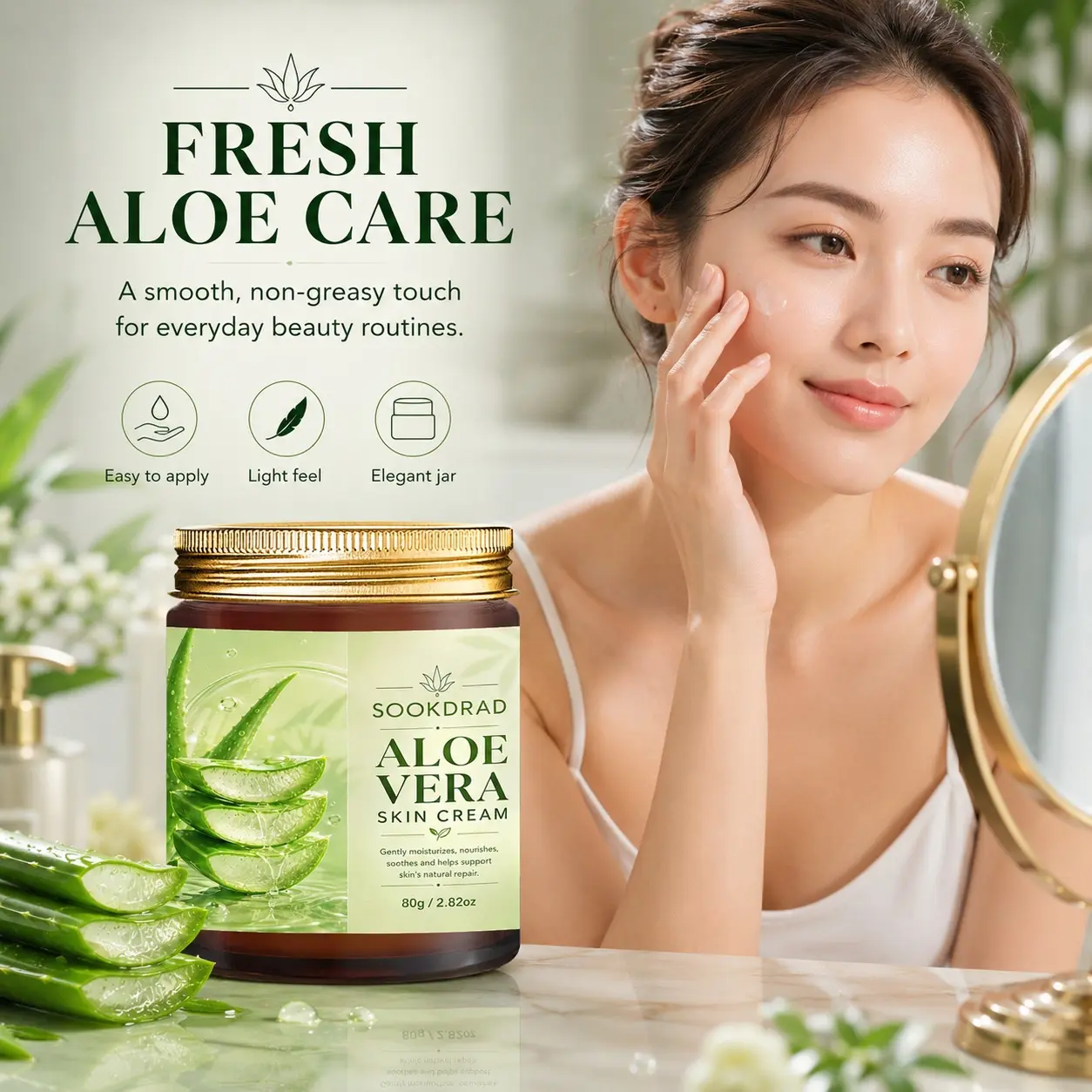 Aloe Vera Skin Cream, Gentle Moisturize, Nourish, Soothe, Skin Natural Repair, Face & Body Skincare, All Skin Types, 80g/2.82oz
