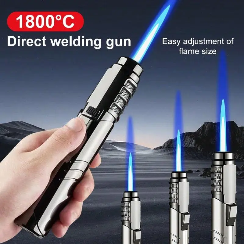 1800°C High-Temperature Igniter Butane Lighter with Flame Control, Metal Body - Windproof Blue Powerful Jet Flame Blowtorch, Welding Tool in Gift Box (Butane Gas Not Included) for Camping, BBQ, Father's Day Gift, Outdoor Windproof
