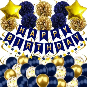 Navy Blue and Gold Happy Birthday Decorations with Banner Paper Pompoms for Boys Girls Men Women Party Supplies