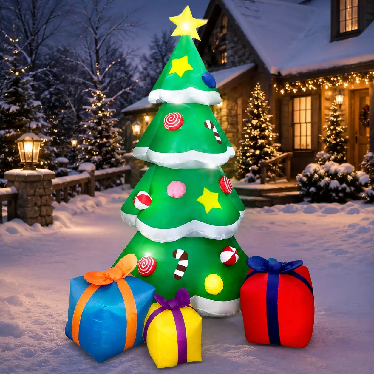 7FT Tall Christmas Inflatables Tree Outdoor Decoration, Giant Christmas Inflatable Tree with 3 Gift Boxes with Build-in LEDs for Blow Up Xmas Decoration, Indoor Outdoor Yard Garden Lawn Décor, Christmas Decorations Party