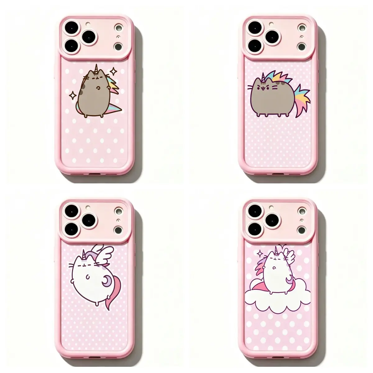 Aesthetic Kawaii Coquette Pastel Pink Dot Unicorn & Cute Cat Soft TPU Smartphone Case, Shockproof Anti-Drop Protection Accessory, Fits iPhone 13,14,15,16,17 Pro Max Series, Handheld