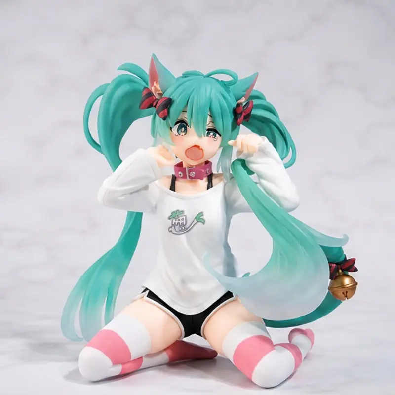 Hatsune Miku Cat Ear Kneeling Figure, Gradient Blue Twin Ponytail, Cute PVC Collectible, Desktop Decor, Anime Fan Gift
