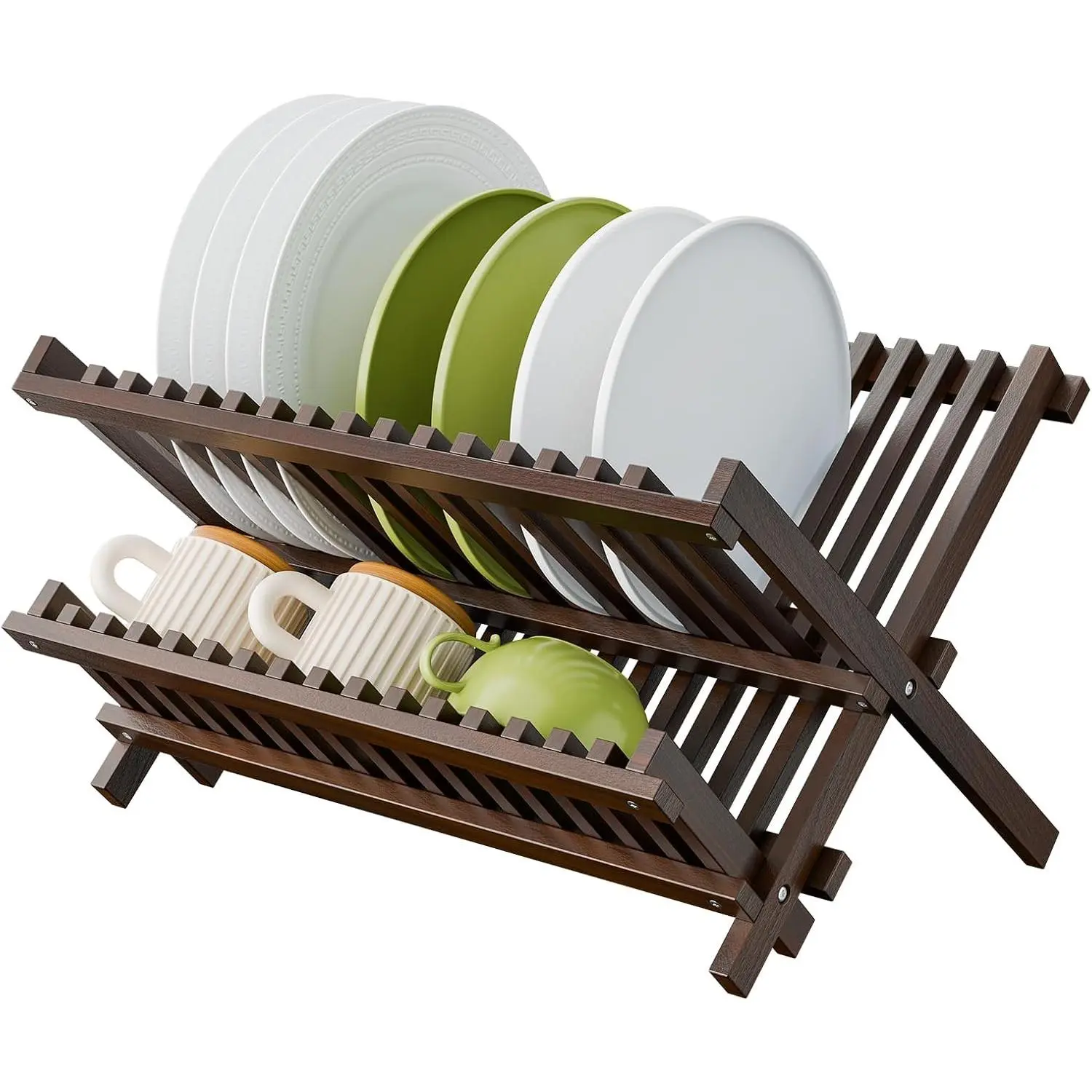 Dish Drying Rack, 2-Tier  Collapsible Dish Rack | Folding Wooden Dish Drainer, Drying Rack for Plates, Cups, Bowls, Kitchen Counter, No Assembly