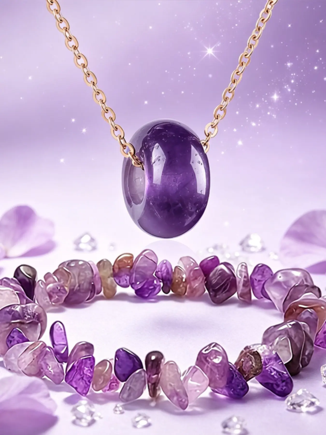 2pcs/set Natural Amethyst Pendant Necklace & Stone Bracelet Set, Wealth Guardian Gift for Girlfriend, Birthday, Christmas, Halloween