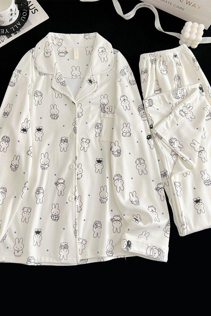 Kawaii Miffy Bunny Thermal Brushed Flannel Sleepwear Set Cozy Open-Front for Women Cute Cartoon Autumn Winter Pajamas K-trend