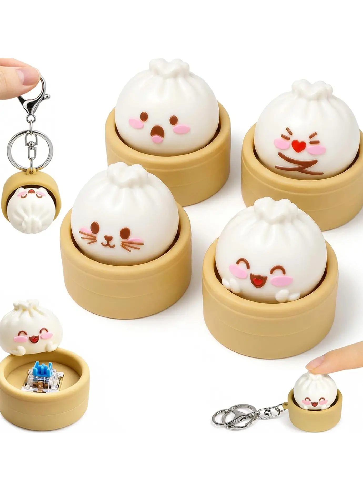 4 Piece Sand Dumpling Girly Keychain Set, Cute Steamed Bun Food Pendant, Hang on Backpack or Wallet, Novelty Gift for Girls