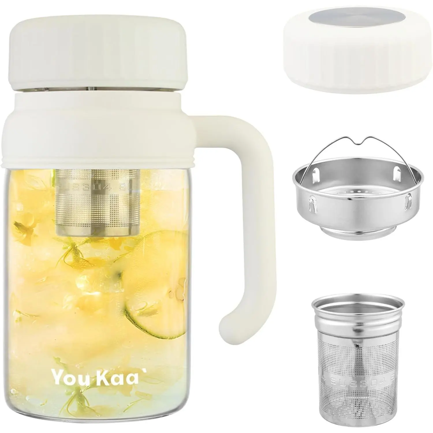 32oz BPA-Free Leakproof Glass Water Bottle with Infuser & Handle Wide Mouth Large Tea Infuser Cup for Hot or Cold Drinks Loose Tea Fruit White