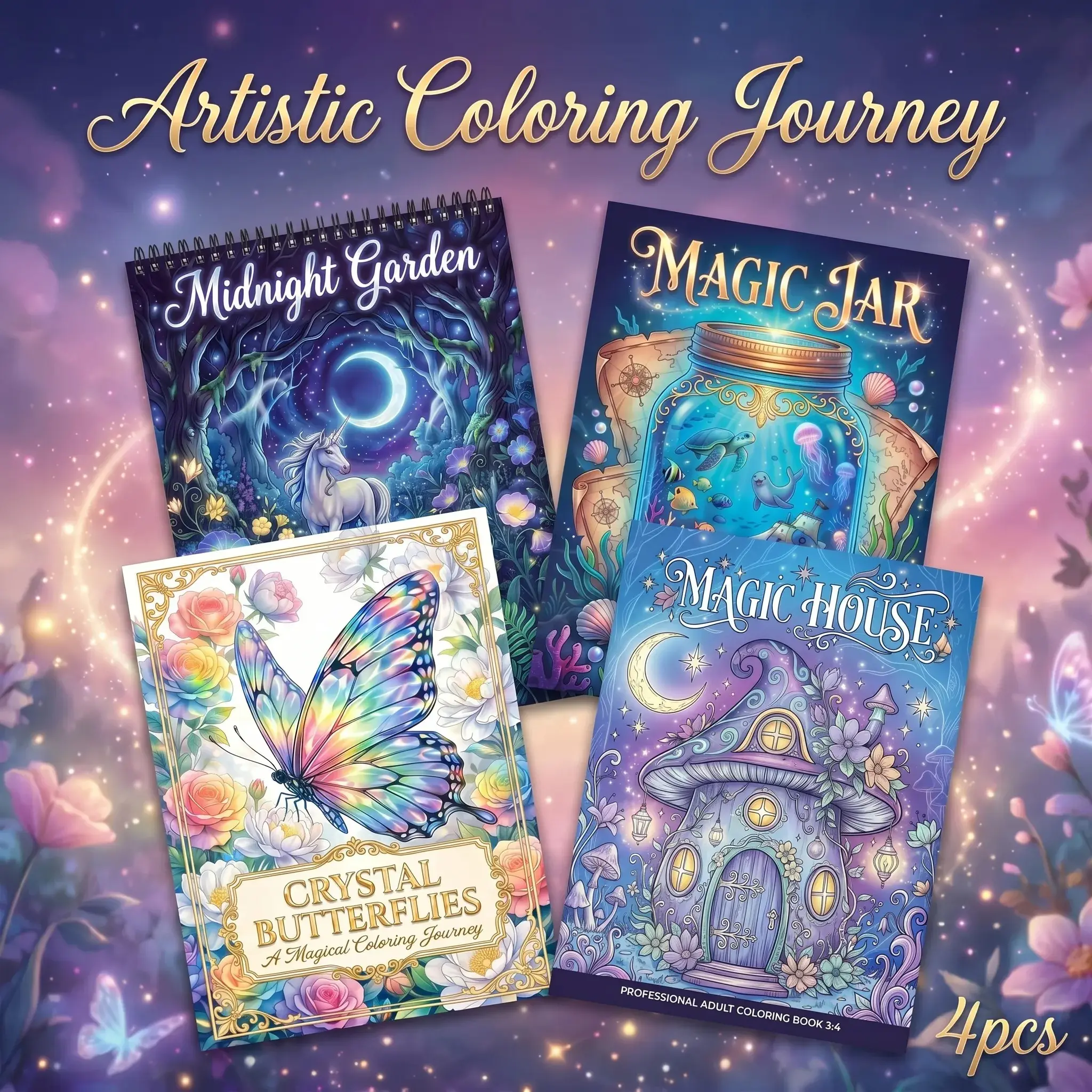 Adult Coloring Book - 4PCS with Butterfly, Magic Jar, Artistic, Magical Coloring Themes - Thick Paper, Beginner-Friendly, Vivid & Intricate Designs for Stress Relief, Relaxation, Creative Outlet - Perfect Gift for Holidays, Birthdays