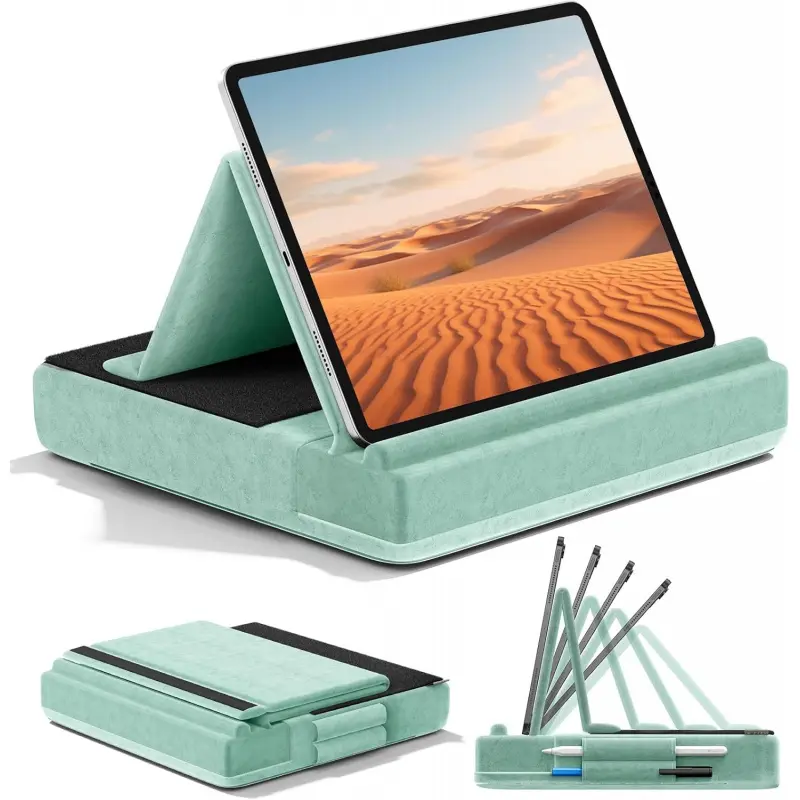 Multi-Angle Tablet Pillow Stand with Velcro, Foldable Soft Pad Dock for Lap & Desk, iPad Accessories with Stylus Pen Holder, Compatible with iPad Pro 12.9/10.5/11, Air, Mini, Phones, Books, S7 E-Reader, Pen Holders